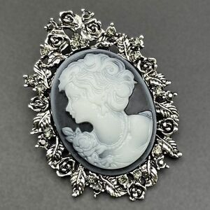 Silver with Gray Crystal Flower Victorian Lady Maiden Cameo Pin Back Brooch